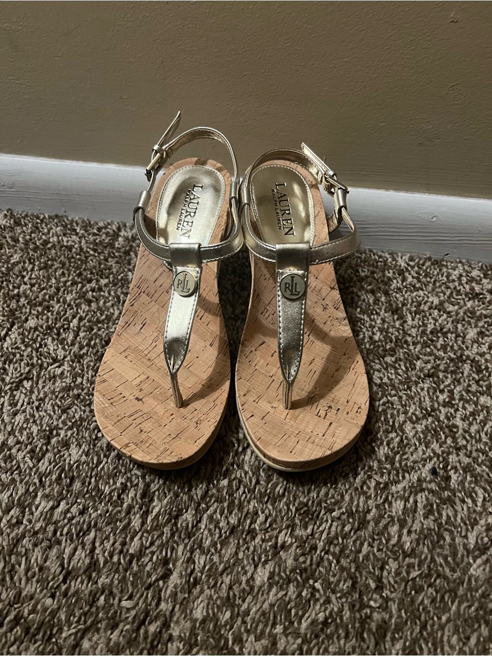 Ralph Lauren Metallic Gold Cork Wedge T-Strap Sandals